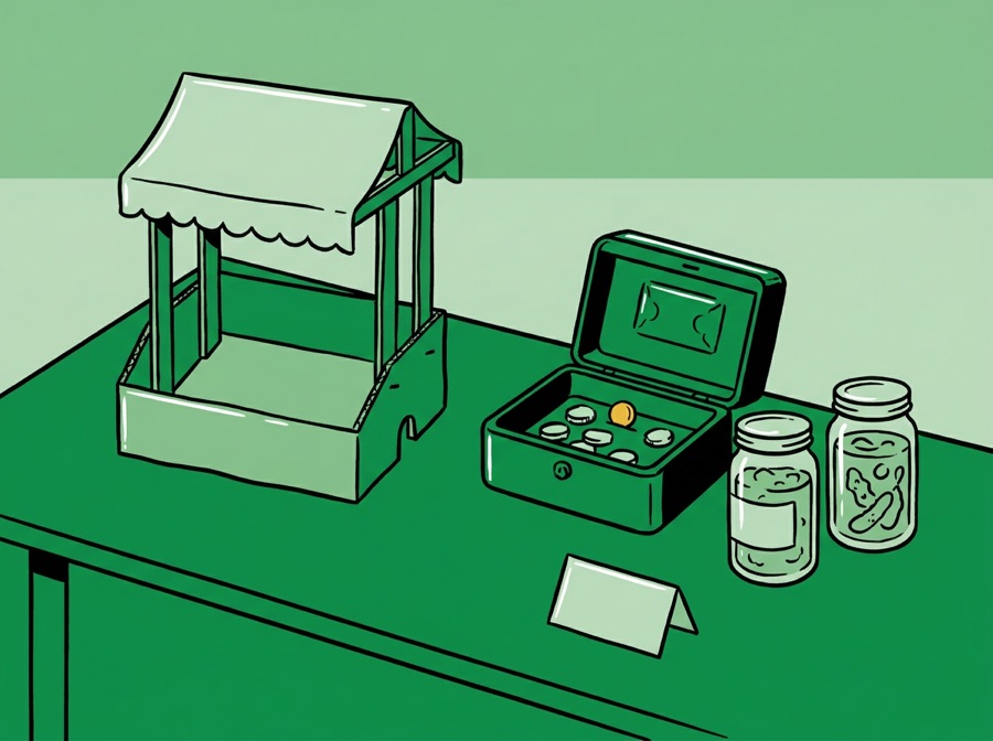 Stylized illustration of a small market stand with a cash box and jars of goods