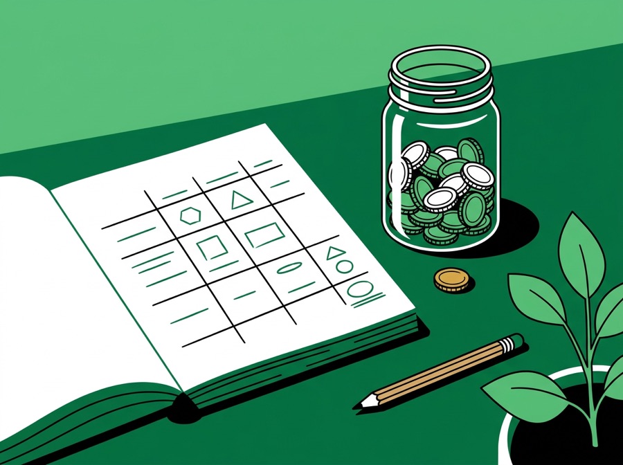 Stylized illustration of a budgeting notebook, a jar of coins, and a young plant