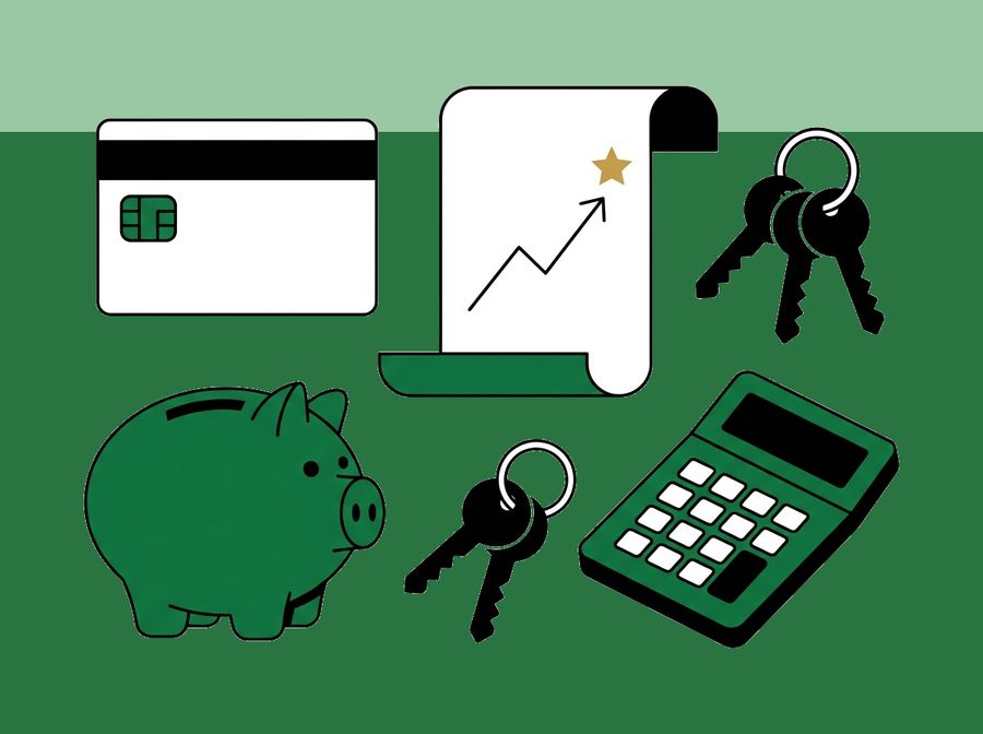 Stylized illustration of a bank card, piggy bank, keys, and calculator